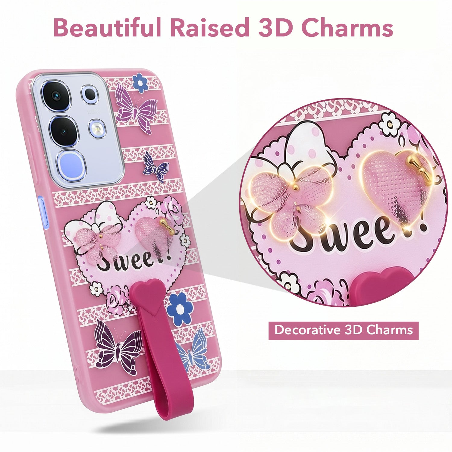 For Vivo iQOO Z10x Back Cover Case (3D Cute Heart Strap Holder | Camera Protection | Designer Girls Print)