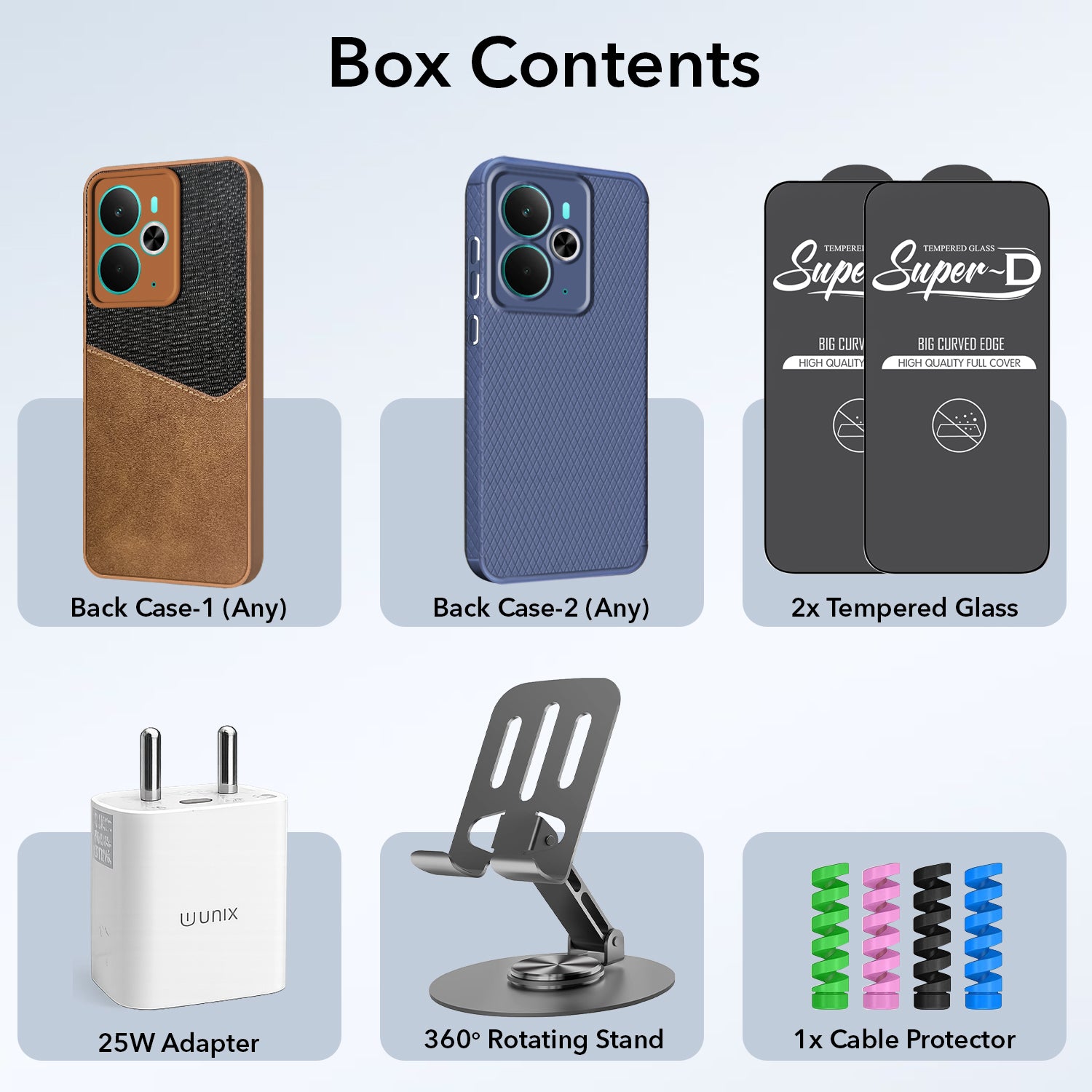 Complete Mobile Care Kit (Get Any 2 Cases+2 Tempered Glass+25W Charger Adapter+Metallic Mobile Stand+Cable Protector)