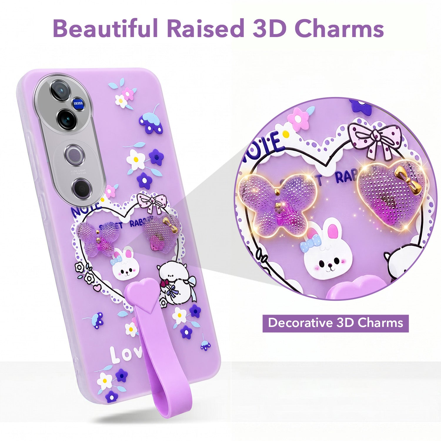 For Vivo V40 | Vivo V40 Pro 5G Back Cover Case (3D Cute Heart Strap Holder | Camera Protection | Designer Girls Print)