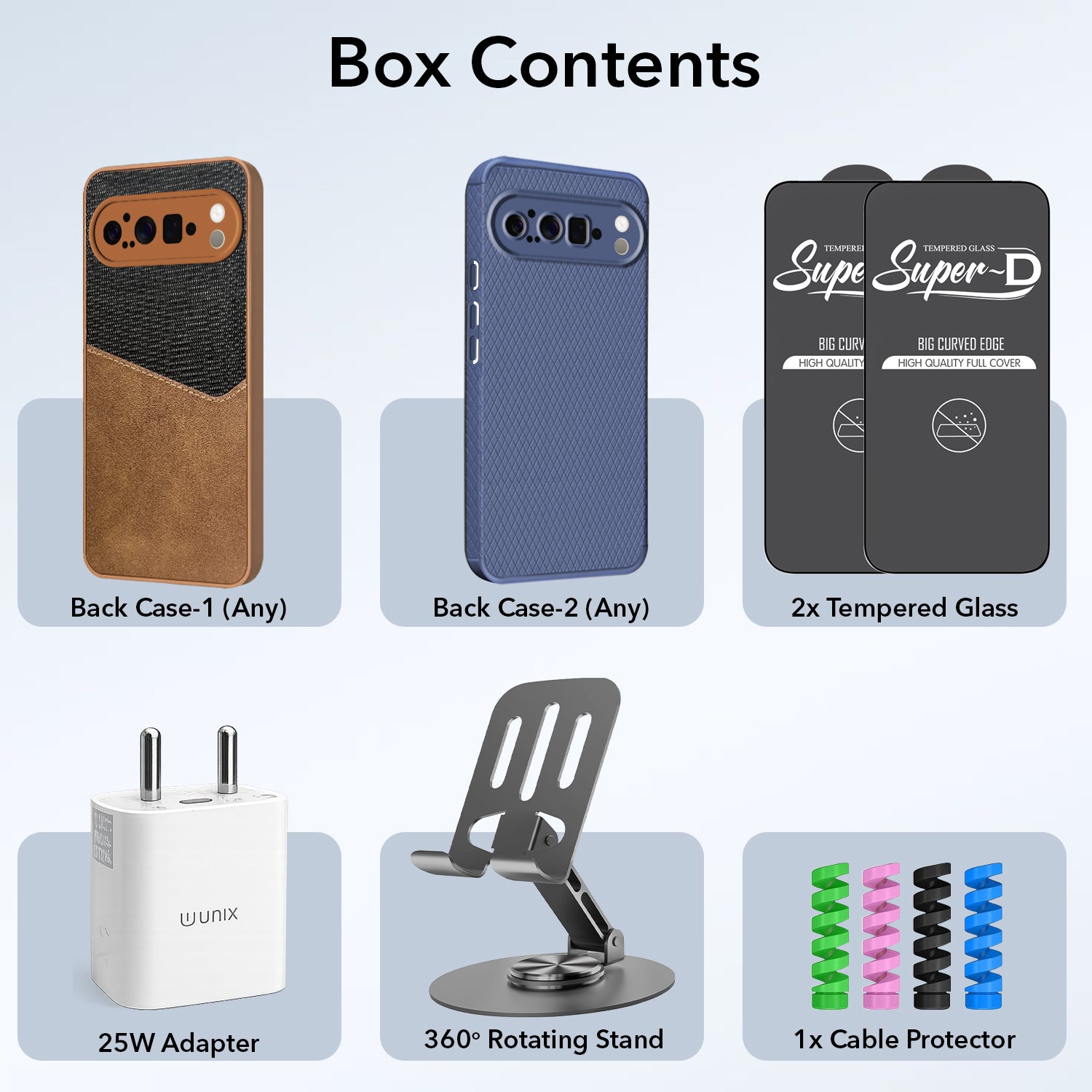 Complete Mobile Care Kit (Get Any 2 Cases+2 Tempered Glass+25W Charger Adapter+Metallic Mobile Stand+Cable Protector)