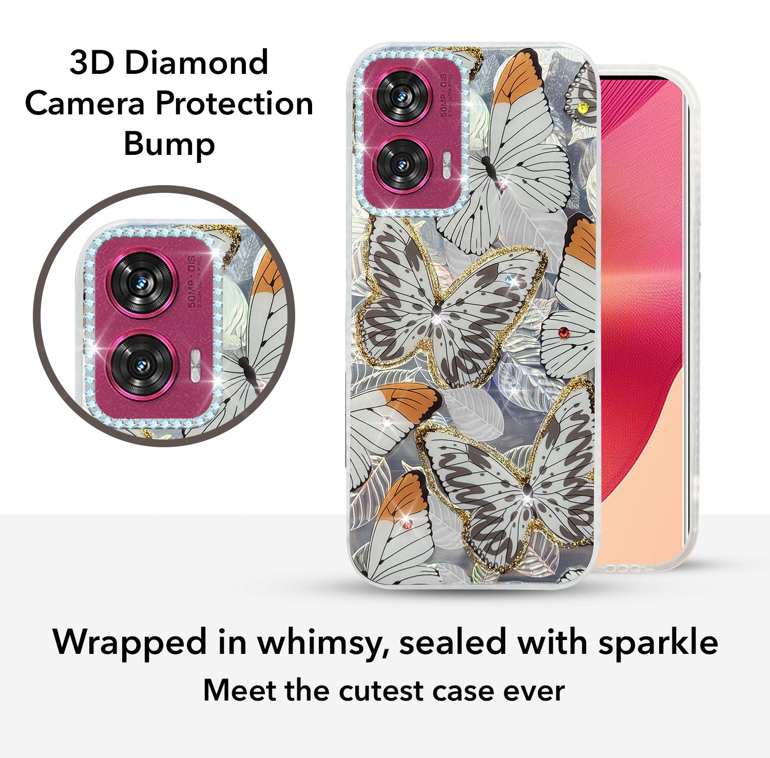 For Motorola Moto Edge 50 Fusion Back Cover Case (Luxury Floral Glitter Cute Butterfly | Diamond Studded Camera Bump | Girls & Women Design)