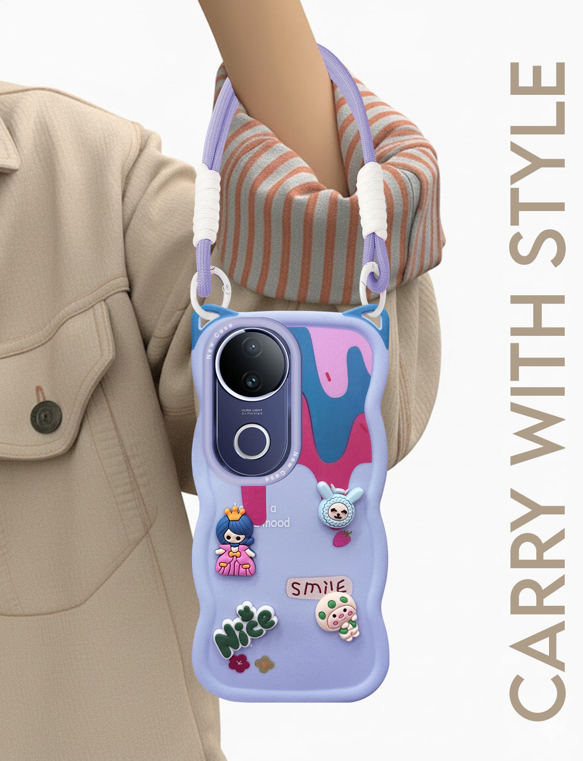 For Vivo T4R Back Case Cover Strap (3D embossed Figures | Strap Holder | 360* Soft Cushion with Camera Bump)