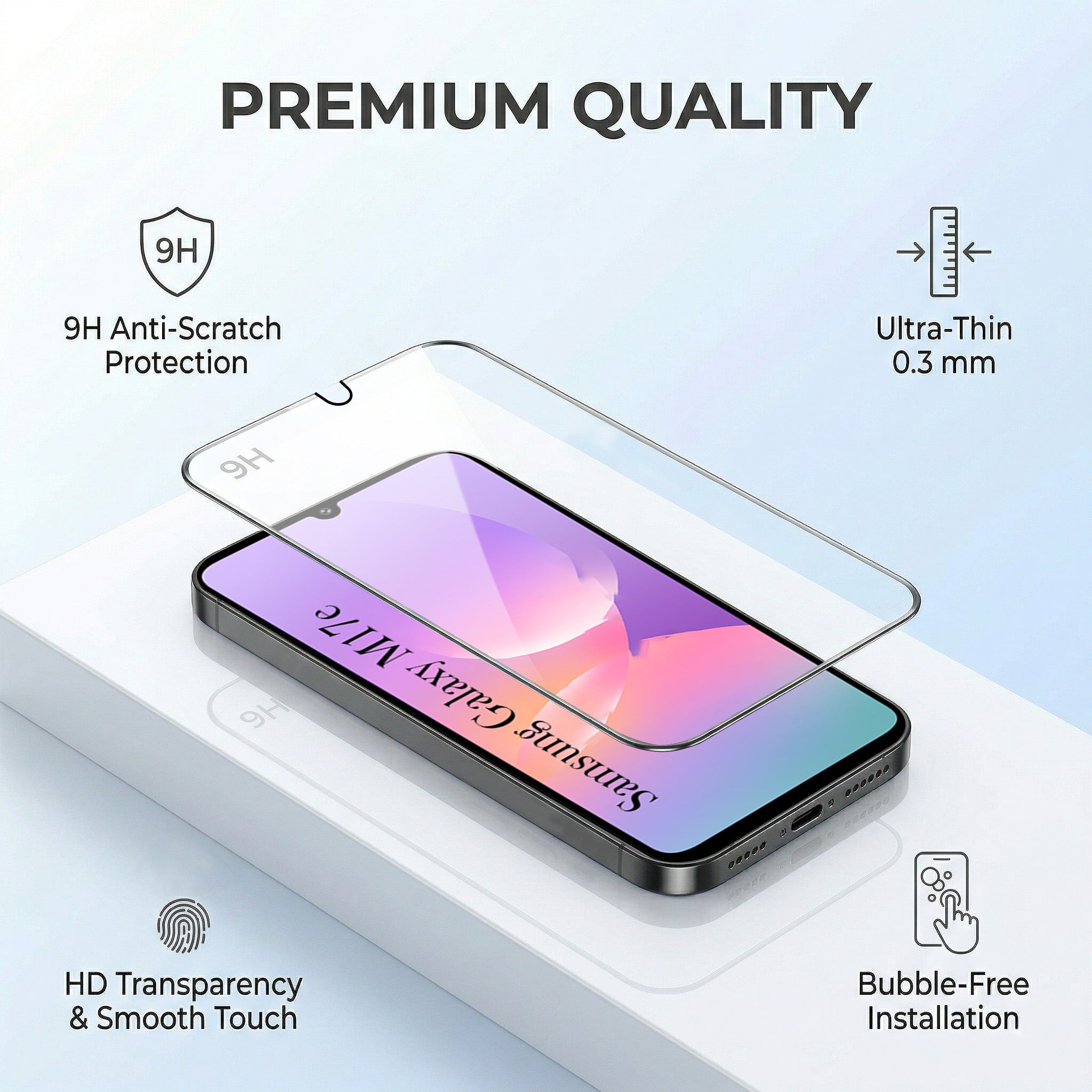 For Samsung Galaxy M17e Combo with Back Cover and 9H Tempered Glass (Lifetime Anti-Yellow | Sleek Hard Crystal | Oleophobic Coating Screen Glass)