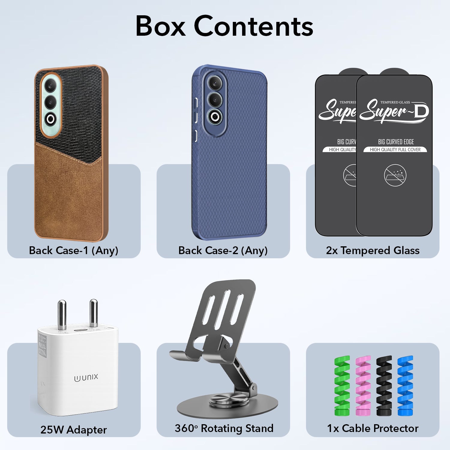 Complete Mobile Care Kit (Get Any 2 Cases+2 Tempered Glass+25W Charger Adapter+Metallic Mobile Stand+Cable Protector)
