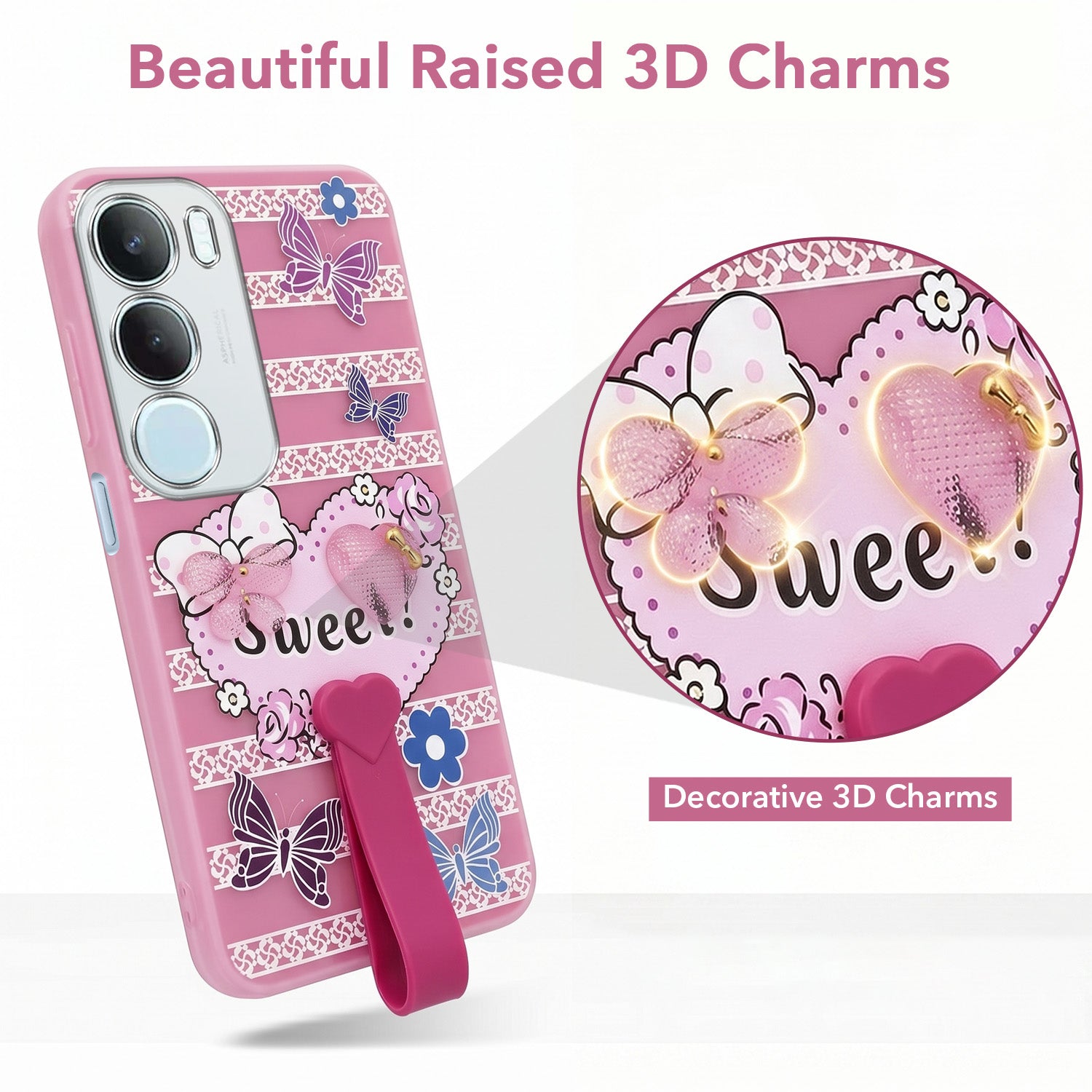 For Vivo Y29 Back Cover Case (3D Cute Heart Strap Holder | Camera Protection | Designer Girls Print)