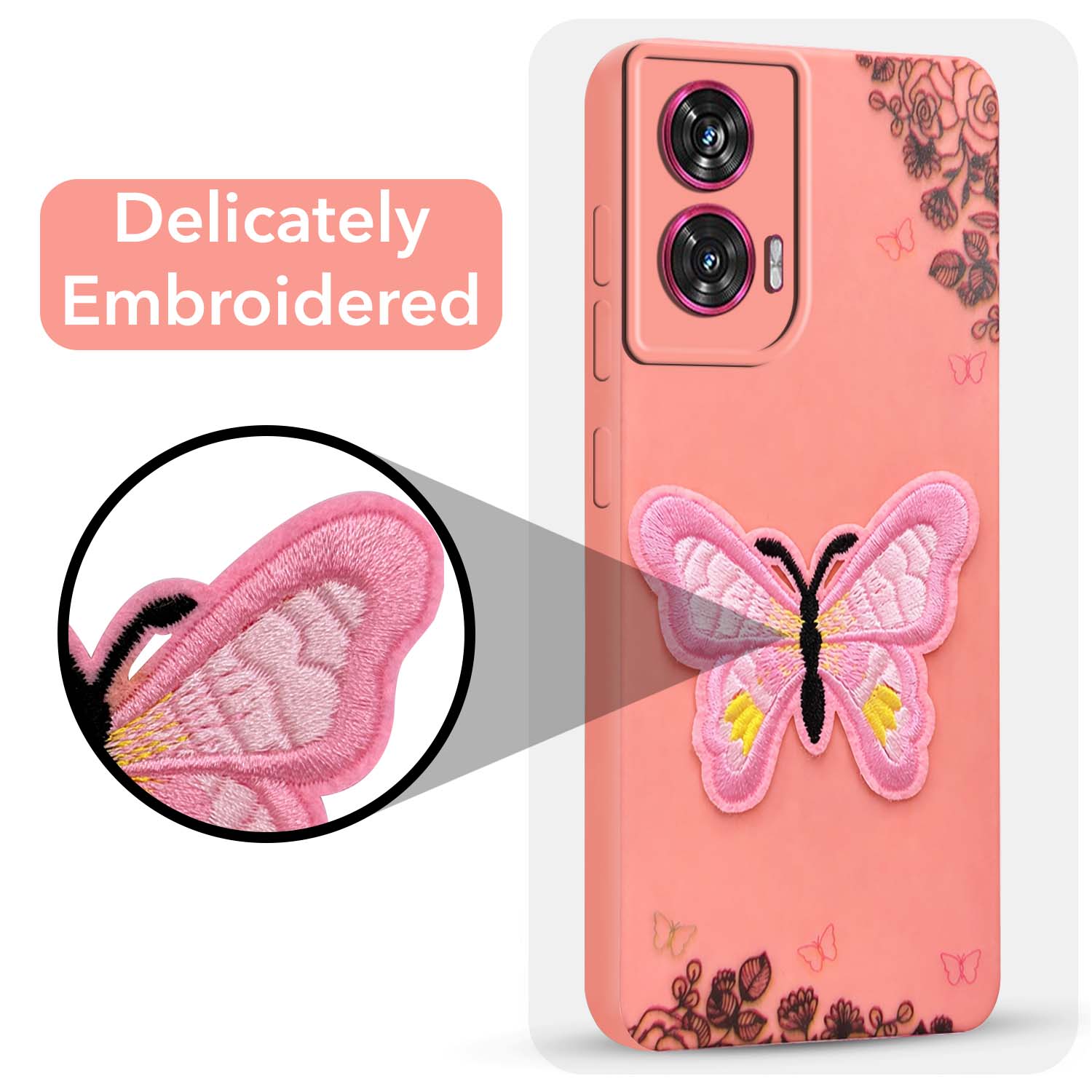 For Motorola Moto Edge 50 Fusion Back Cover Case (Soft Butterfly Embroidery | Women Teen Girls | Camera Protection| Matte Silicone)