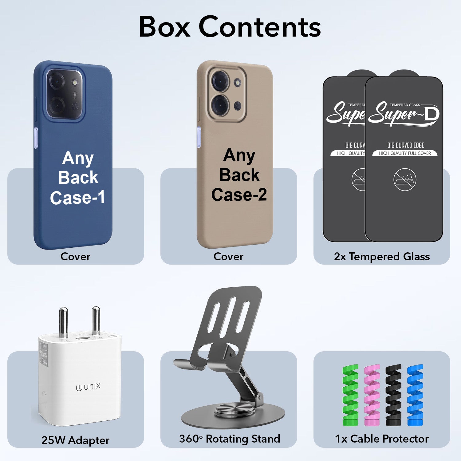 Complete Mobile Care Kit (Get Any 2 Cases+2 Tempered Glass+25W Charger Adapter+Metallic Mobile Stand+Cable Protector)