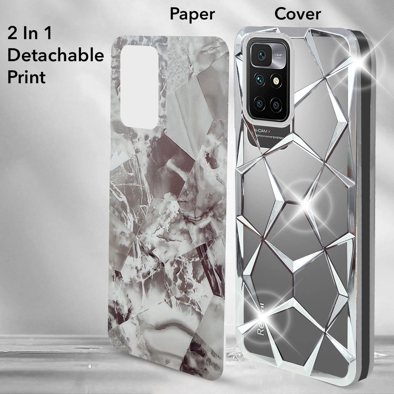 For Xiaomi Mi Redmi 10 Prime Back Cover Case (Dual Design Glitter Sparkle and Detachable Diamond Print Case | Soft and Flexible)