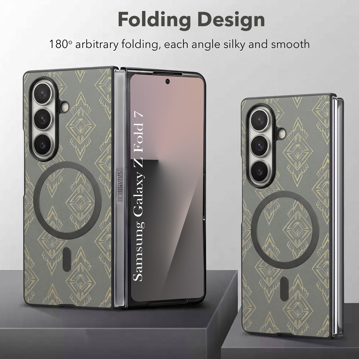 For Samsung Galaxy Z Fold 7 Back Cover Case Premium Magnetic (MagSafe Compatible | 180° Folding Design | Geometric Gold Pattern | Soft Microfiber Inner Lining)