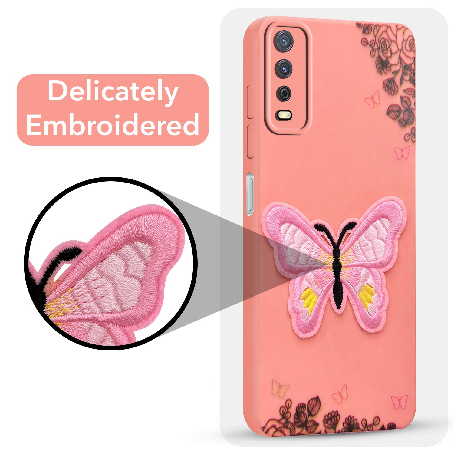 For Vivo Y12s | Y11s | Y12G Back Cover Case (Soft Butterfly Embroidery | Women Teen Girls | Camera Protection| Matte Silicone)