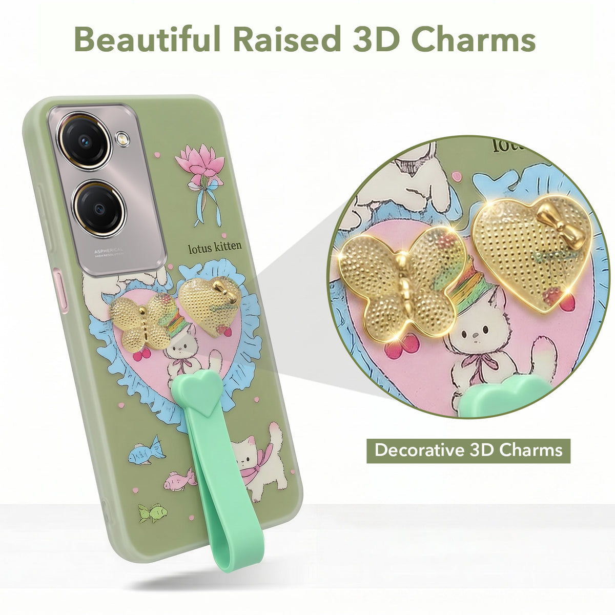 For Vivo Y28s 5G | Vivo T3 Lite 5G Back Cover Case (3D Cute Heart Strap Holder | Camera Protection | Designer Girls Print)