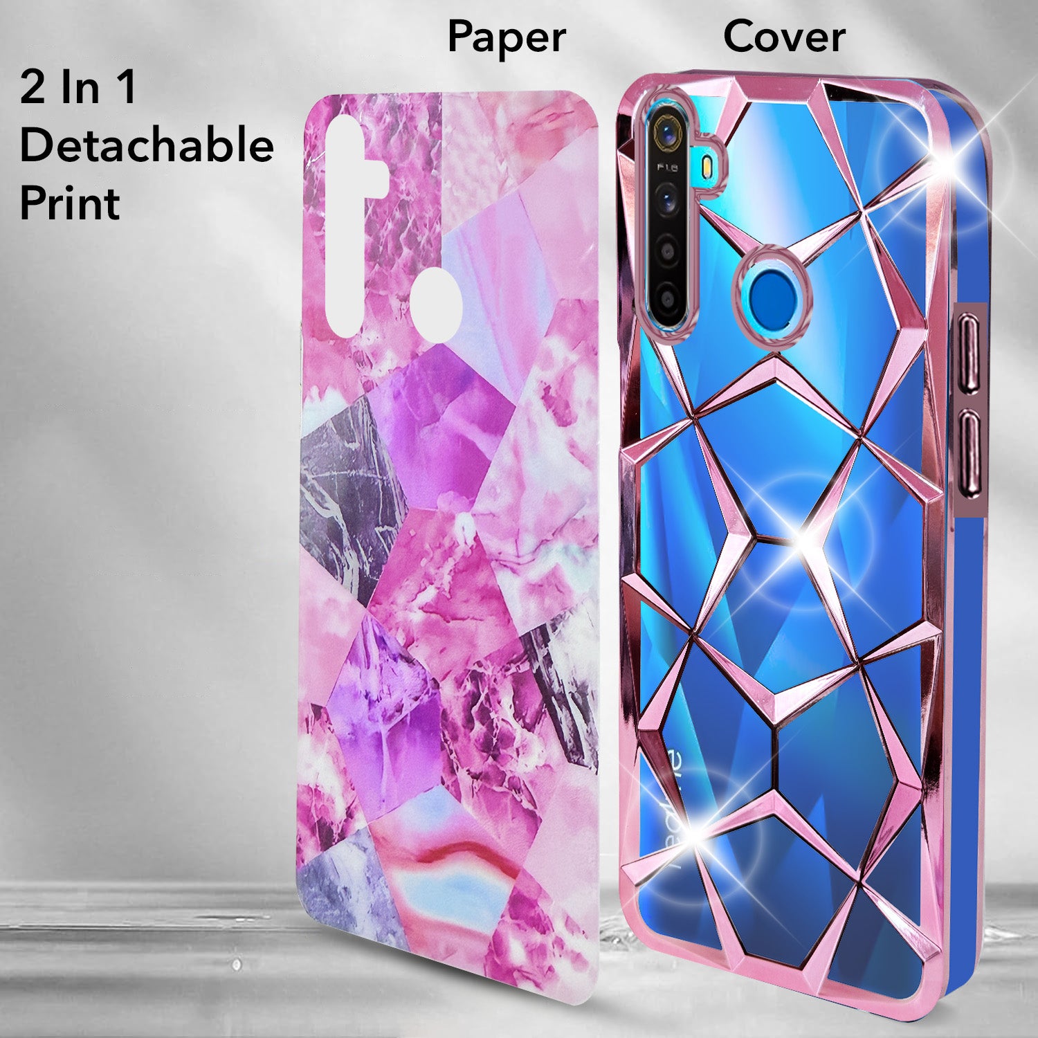 For Realme 5 | 5s | 5i Back Cover Case (Dual Design Glitter Sparkle and Detachable Diamond Print Case | Soft and Flexible)