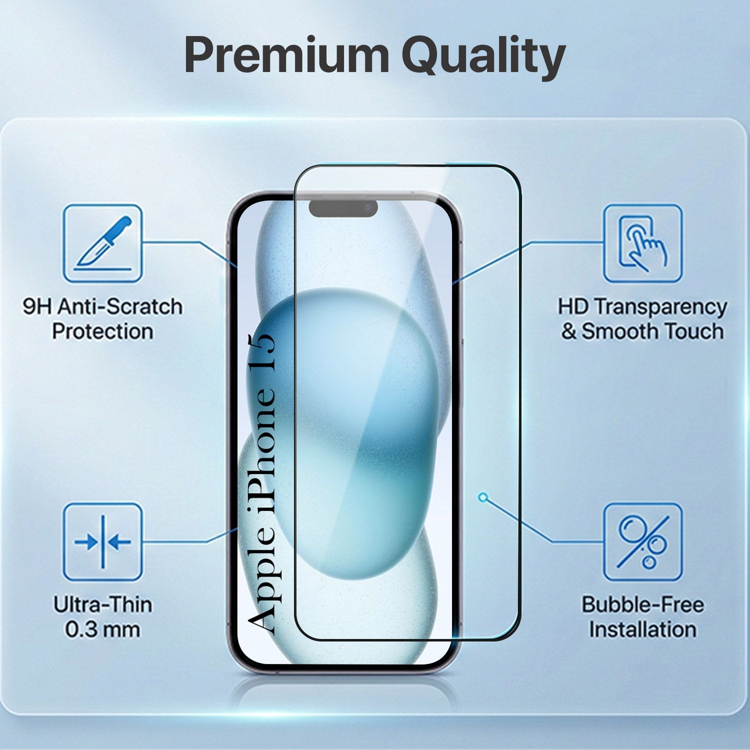 For Apple iPhone 15 Combo with Back Cover and 9H Tempered Glass (Liquid Silicone | Camera Protection | Oleophobic Coating Screen Glass)