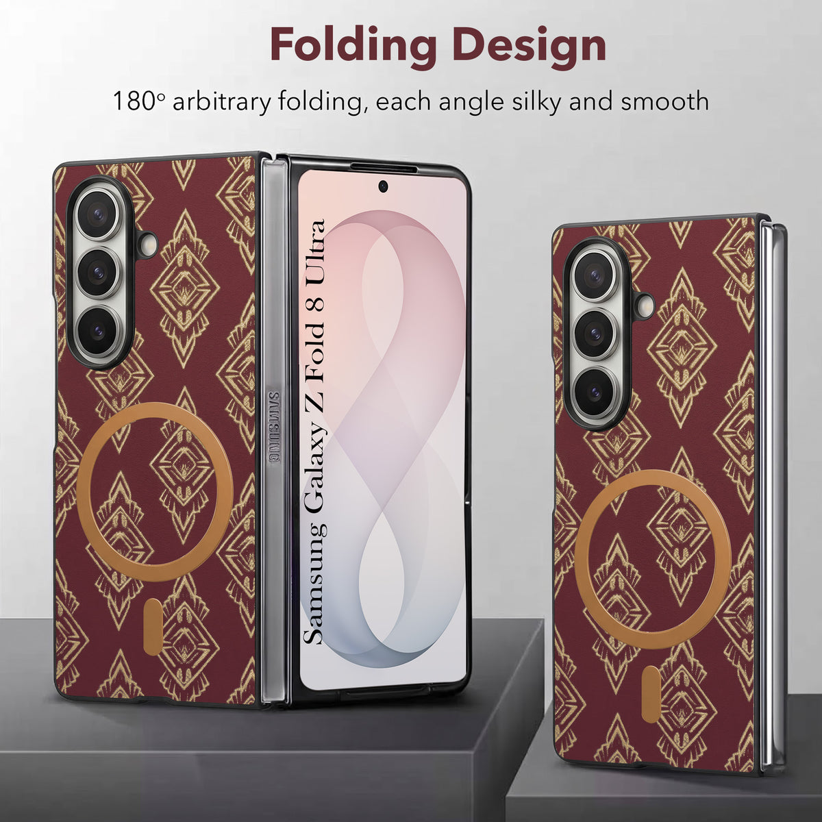 For Samsung Galaxy Z Fold 8 Ultra Back Cover Case Premium Magnetic (MagSafe Compatible | 180° Folding Design | Geometric Gold Pattern | Soft Microfiber Inner Lining)