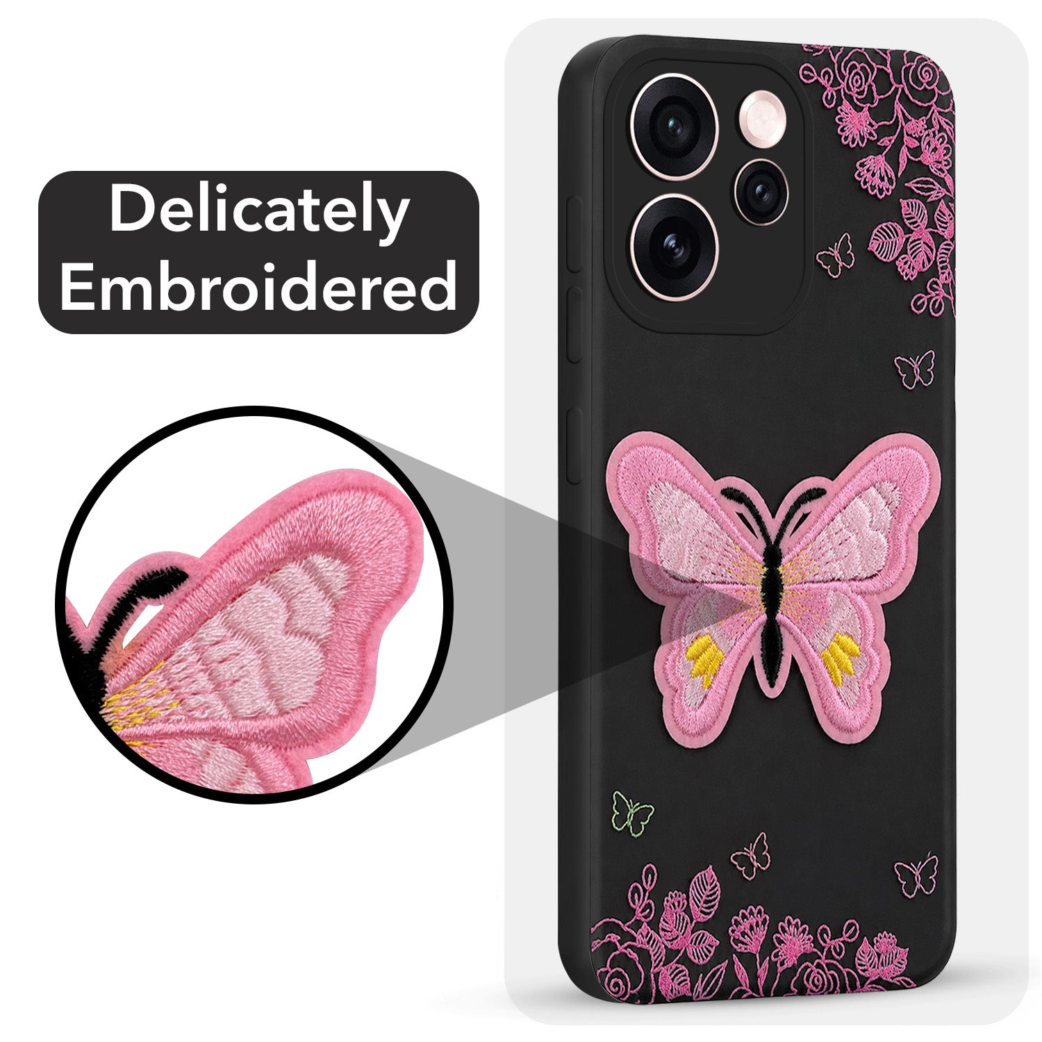 For Oppo Reno15 Pro Mini 5G | Oppo Reno 15 Pro Mini 5G Back Cover Case (Soft Butterfly Embroidery | Women Teen Girls | Camera Protection| Matte Silicone)