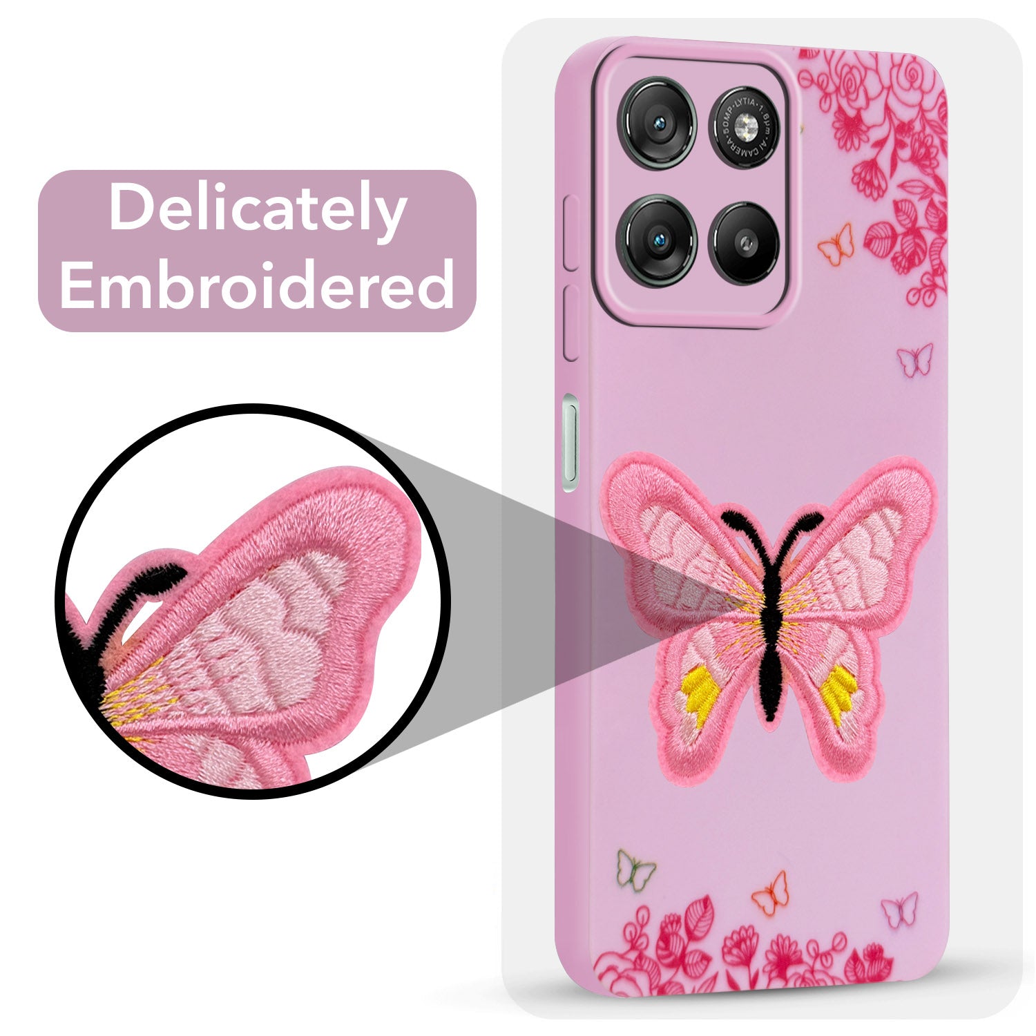 For Motorola Moto G67 Power | G57 Power Back Cover Case (Soft Butterfly Embroidery | Women Teen Girls | Camera Protection| Matte Silicone)