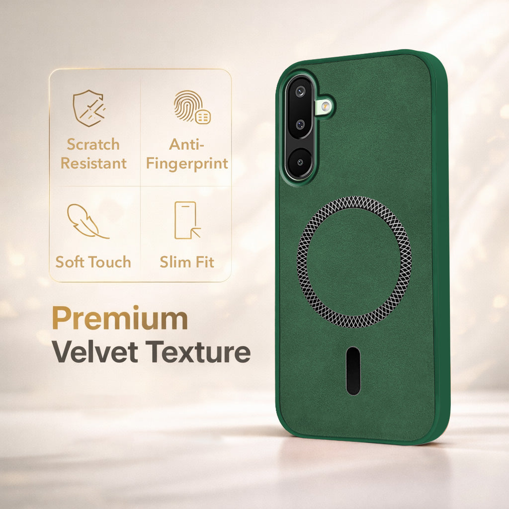 For Samsung Galaxy M16 5G | Samsung Galaxy F16 5G Back Cover Case Leather Finish (MagSafe Compatible Wireless Charging | Soft Touch | Camera Bump Protection)