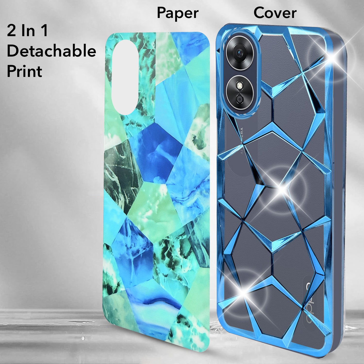 For Oppo A17 Back Cover Case Compatible 3D Silicone (Dual Design Glitter Sparkle and Detachable Diamond Print Case | Soft and Flexible)
