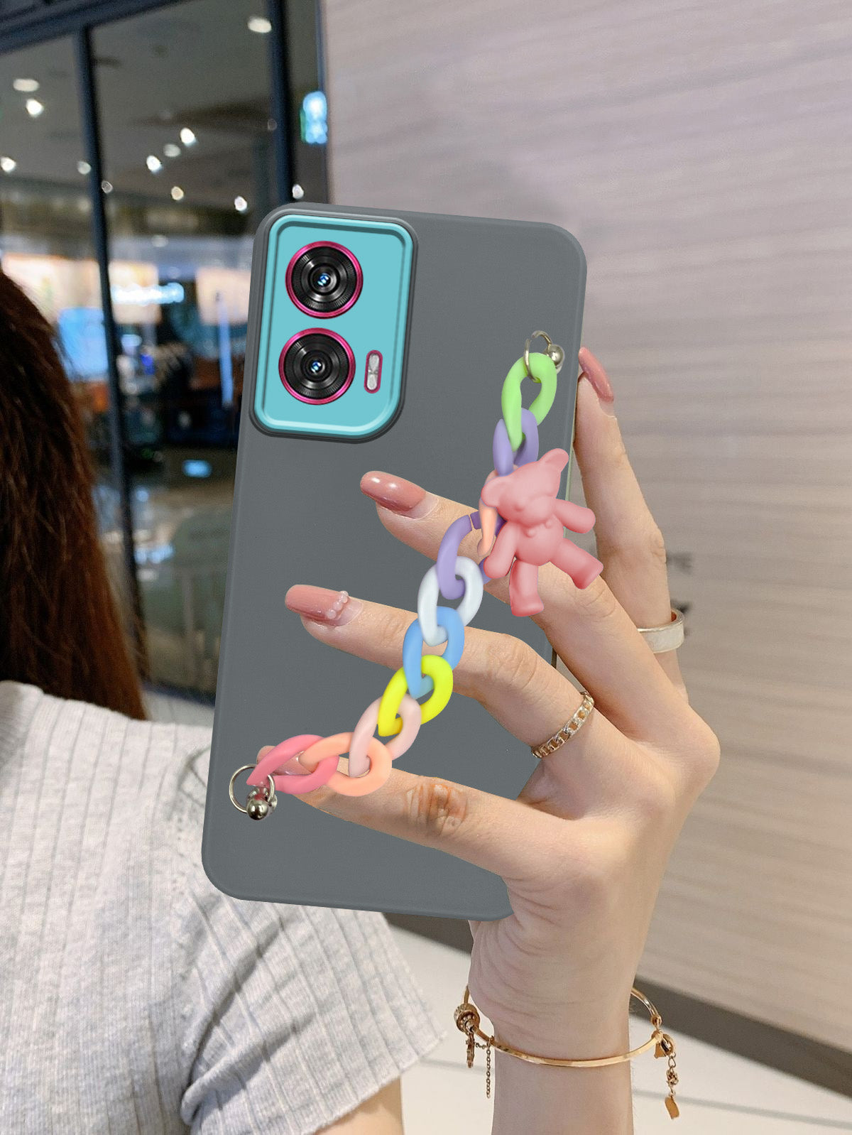 For Motorola Moto Edge 50 Fusion Back Cover Case (Wrist Hanging Chain | Teddy Bracelet Charms | Dual Color Matte Finish | Full Camera Protection | Sleek and Professional)