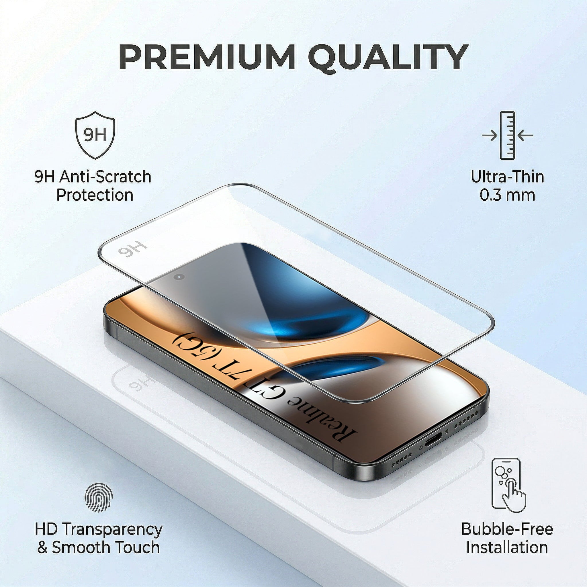 For Realme GT 7T Combo with Back Cover and 9H Tempered Glass (Lifetime Anti-Yellow | Sleek Hard Crystal | Oleophobic Coating Screen Glass)