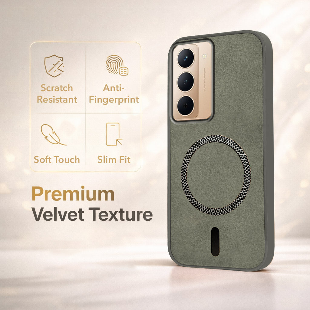 For Realme P3x Back Cover Case Leather Finish (MagSafe Compatible Wireless Charging | Soft Touch | Camera Bump Protection)