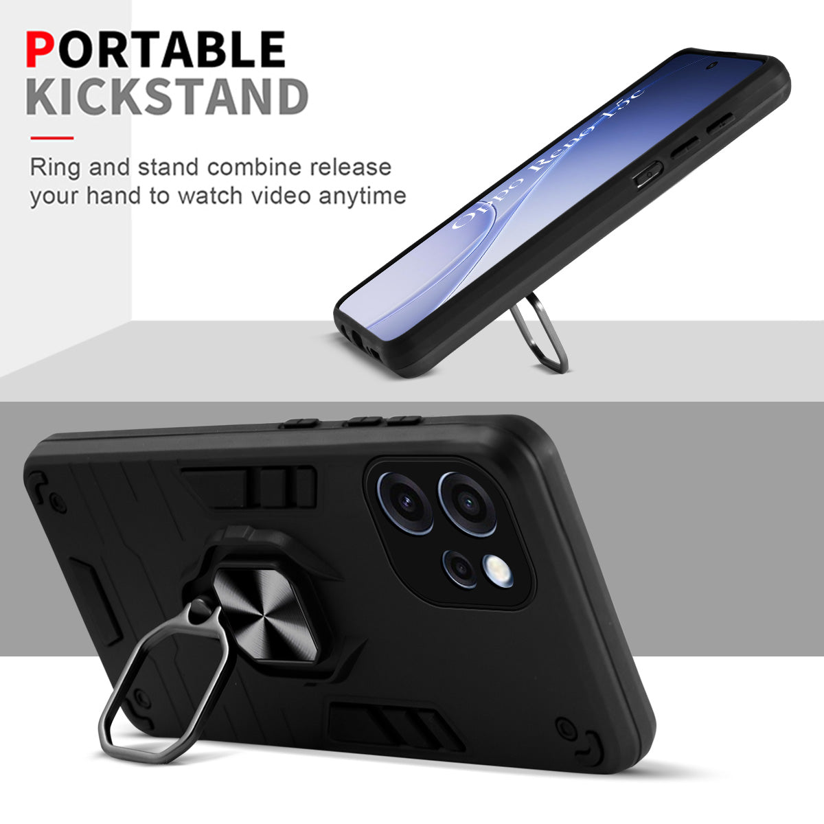 For Oppo Reno 15c Hybrid Armor Back Cover Case (Shockproof Dual Layer Polycarbonate |Ring Holder Kickstand)