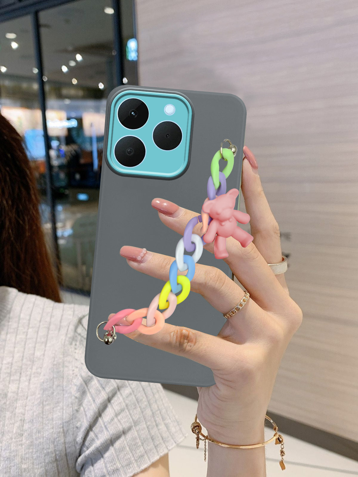 For Realme 15T | Realme Narzo 90 Back Cover Case (Wrist Hanging Chain | Teddy Bracelet Charms | Dual Color Matte Finish | Full Camera Protection | Sleek and Professional)