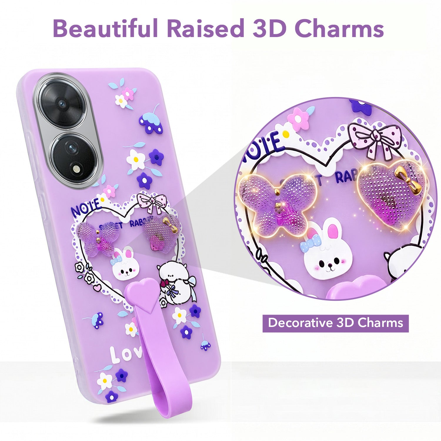 For Vivo T2 Back Cover Case (3D Cute Heart Strap Holder | Camera Protection | Designer Girls Print)