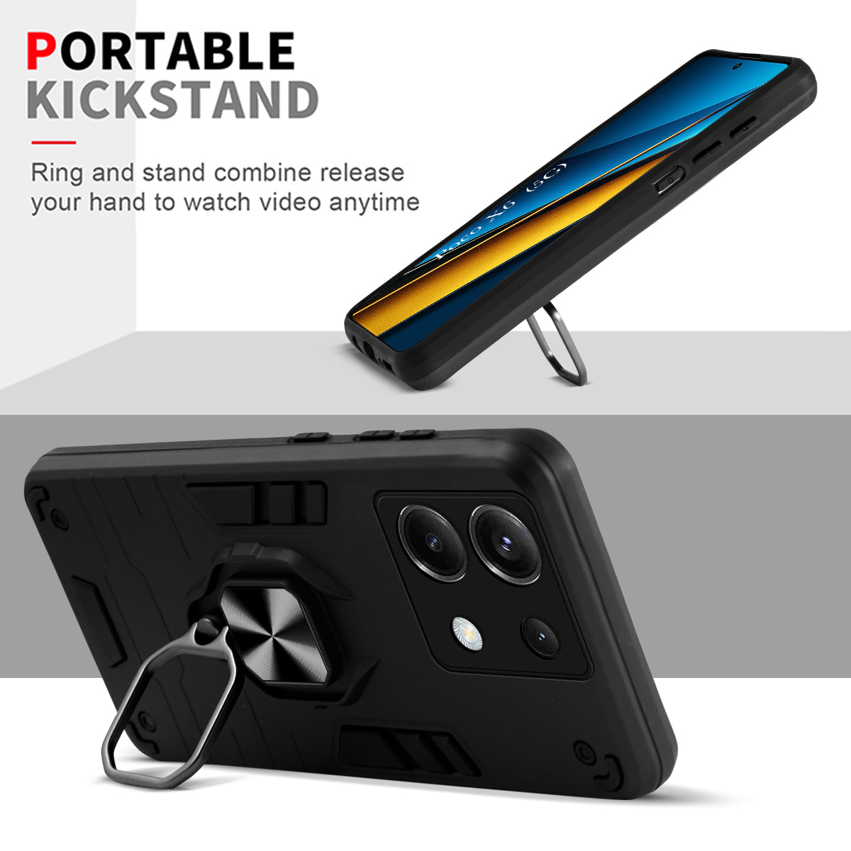 For Poco X6 5G Back Cover Case Hybrid Armor (Shockproof Dual Layer Polycarbonate |Ring Holder Kickstand)