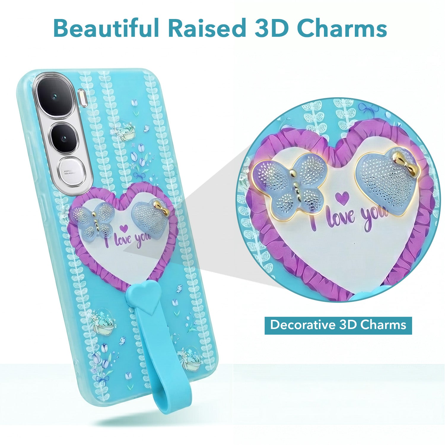 For Vivo Y400 Back Cover Case (3D Cute Heart Strap Holder | Camera Protection | Designer Girls Print)