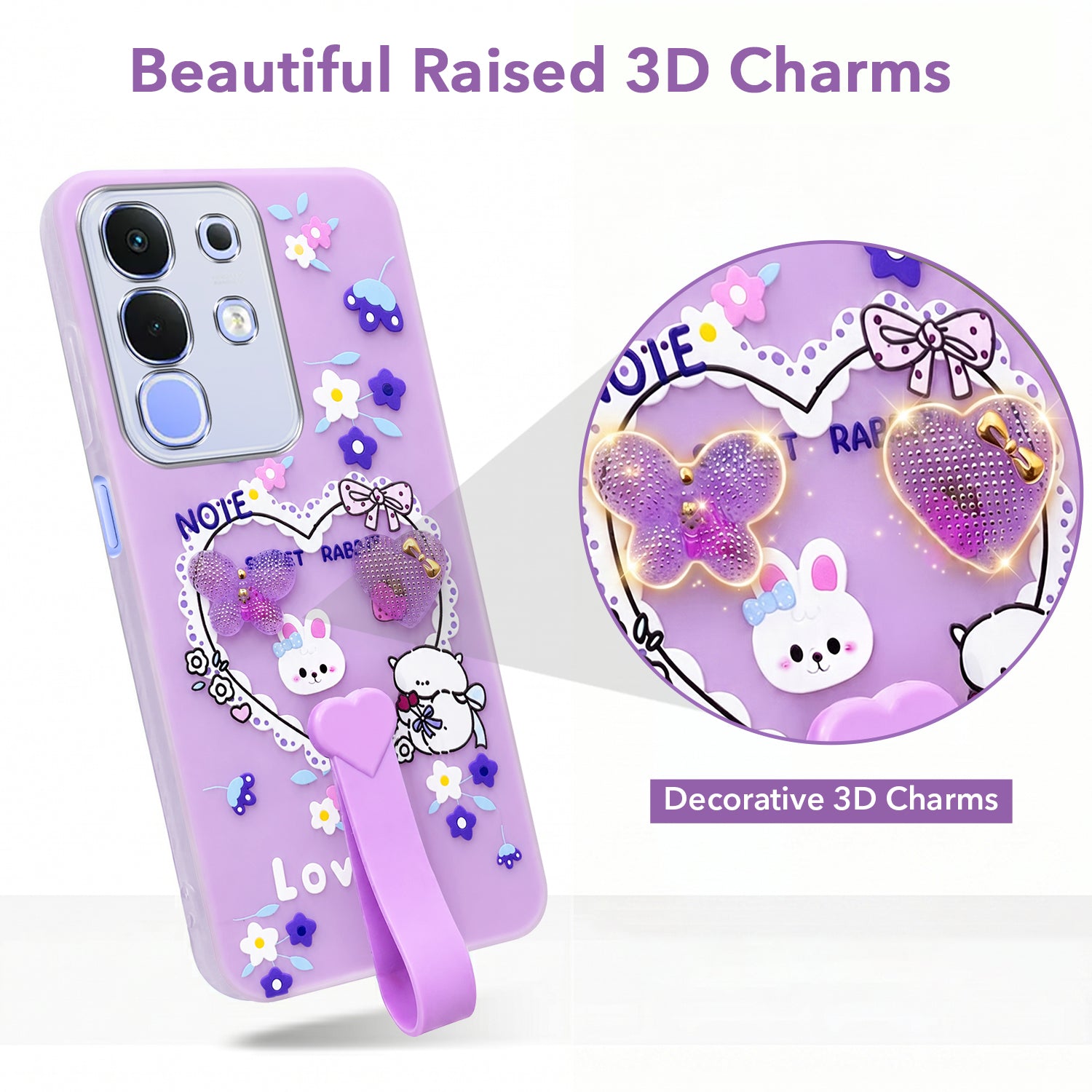 For Vivo iQOO Z10x Back Cover Case (3D Cute Heart Strap Holder | Camera Protection | Designer Girls Print)