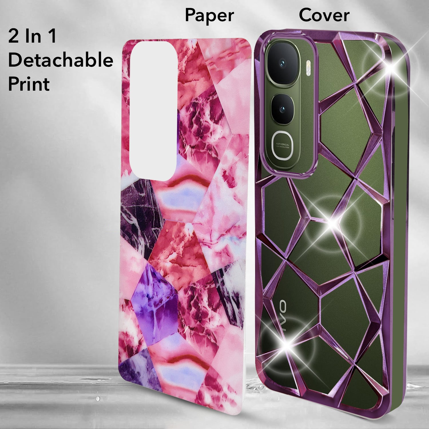 For Vivo Y400 Back Cover Case 3D Silicone Compatible (Dual Design Glitter Sparkle and Detachable Diamond Print Case | Soft and Flexible)