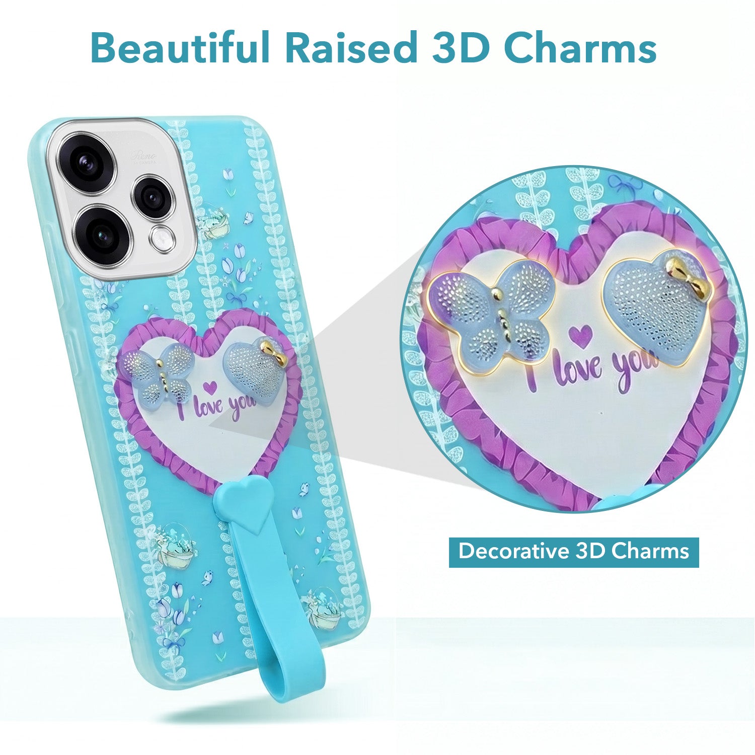 For Oppo Reno15 5G Back Cover Case (3D Cute Heart Strap Holder | Camera Protection | Designer Girls Print)