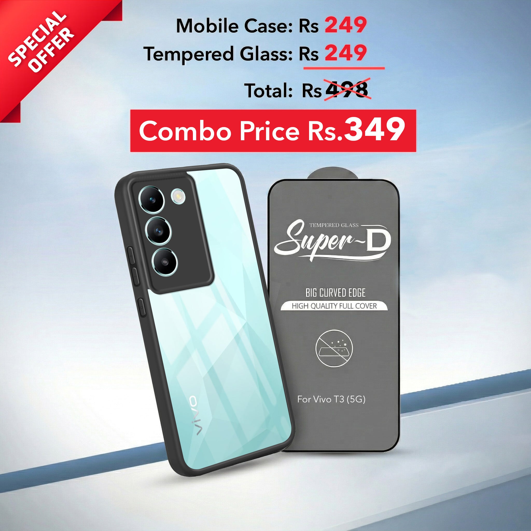 For Vivo T3 5G Combo with Back Cover and 9H Tempered Glass (Lifetime Anti-Yellow | Crystal Clear Shockproof | Oleophobic Coating Screen Glass)