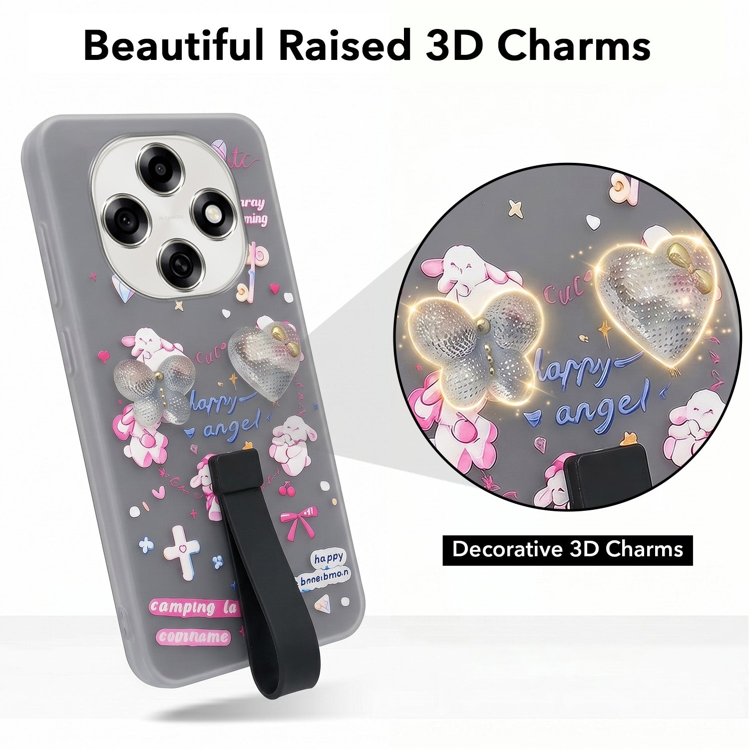 For Oppo F31 Pro Back Cover Case (3D Cute Heart Strap Holder | Camera Protection | Designer Girls Print)