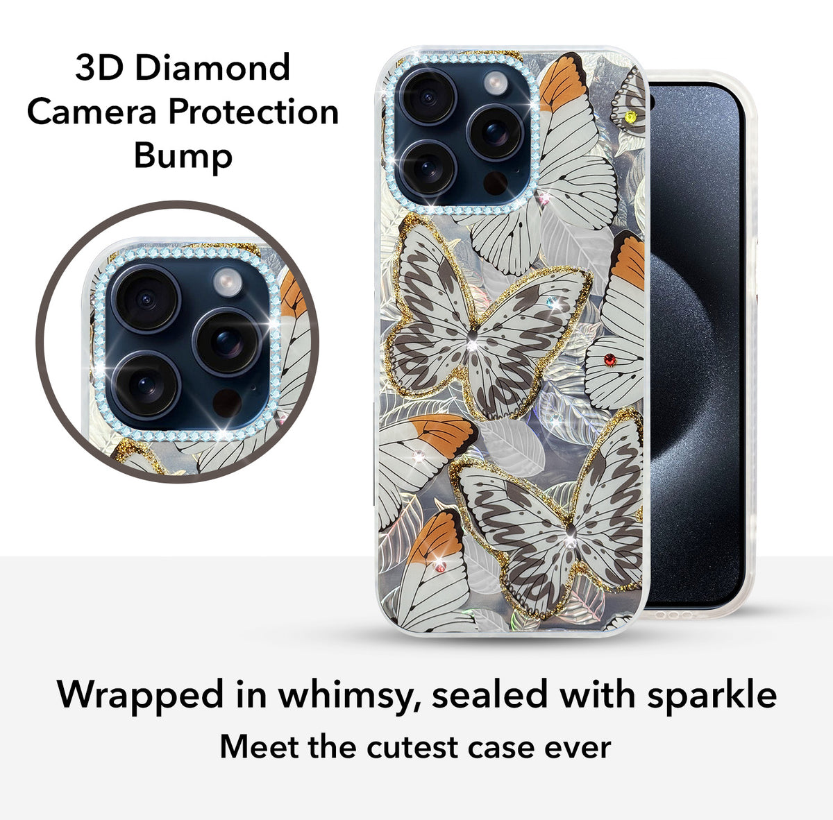 For Apple iPhone 15 Pro Max Back Cover Case (Luxury Floral Glitter Cute Butterfly | Diamond Studded Camera Bump | Girls & Women Design)