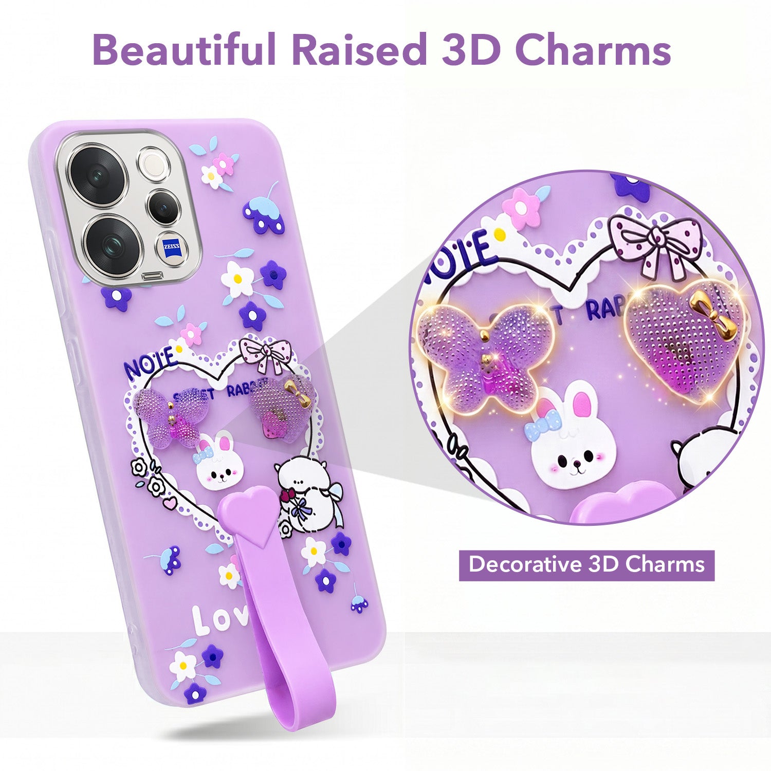 For Vivo V70 | Vivo V70 Elite 5G Back Cover Case (3D Cute Heart Strap Holder | Camera Protection | Designer Girls Print)