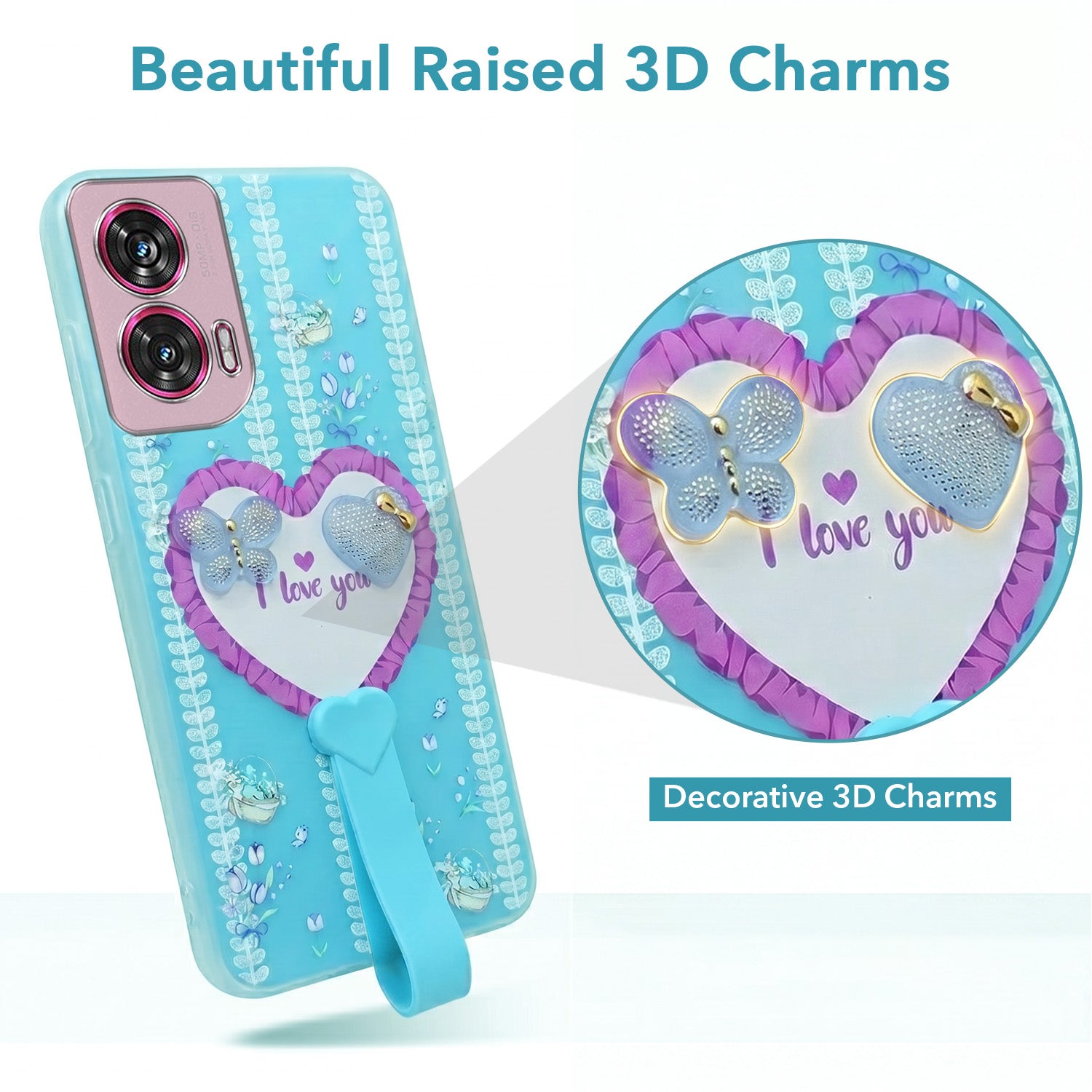 For Motorola Moto Edge 50 Fusion Back Cover Case (3D Cute Heart Strap Holder | Camera Protection | Designer Girls Print)