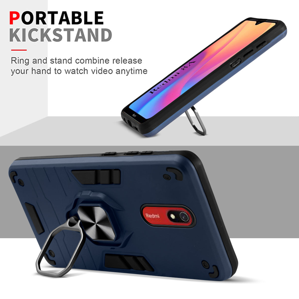 For Xiaomi Mi Redmi 8A Back Cover Case Hybrid Armor (Shockproof Dual Layer Polycarbonate |Ring Holder Kickstand)