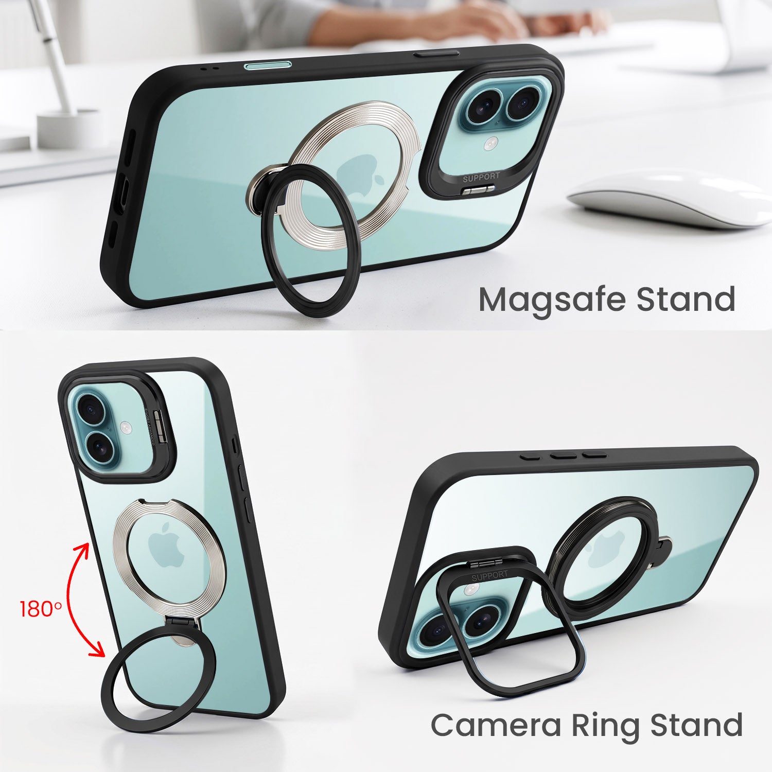 For Apple iPhone 16 Back Cover Case Crystal (Lifetime Anti Yellow | Magnetic Ring Stand | Camera Lens Protection | MagSafe Compatible)