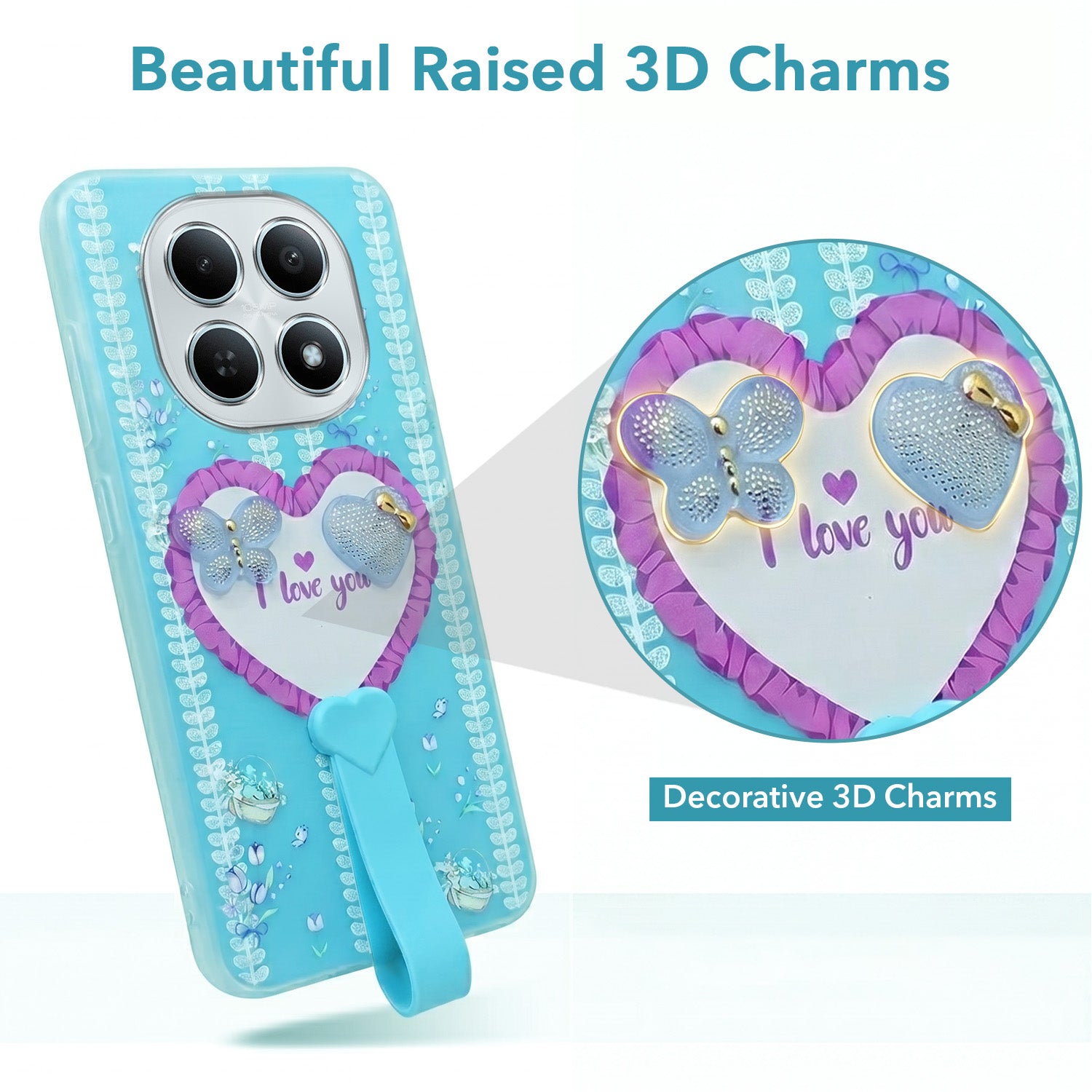 For Xiaomi Redmi Note 15 5G | Redmi Note 15 SE 5G Back Cover Case (3D Cute Heart Strap Holder | Camera Protection | Designer Girls Print)