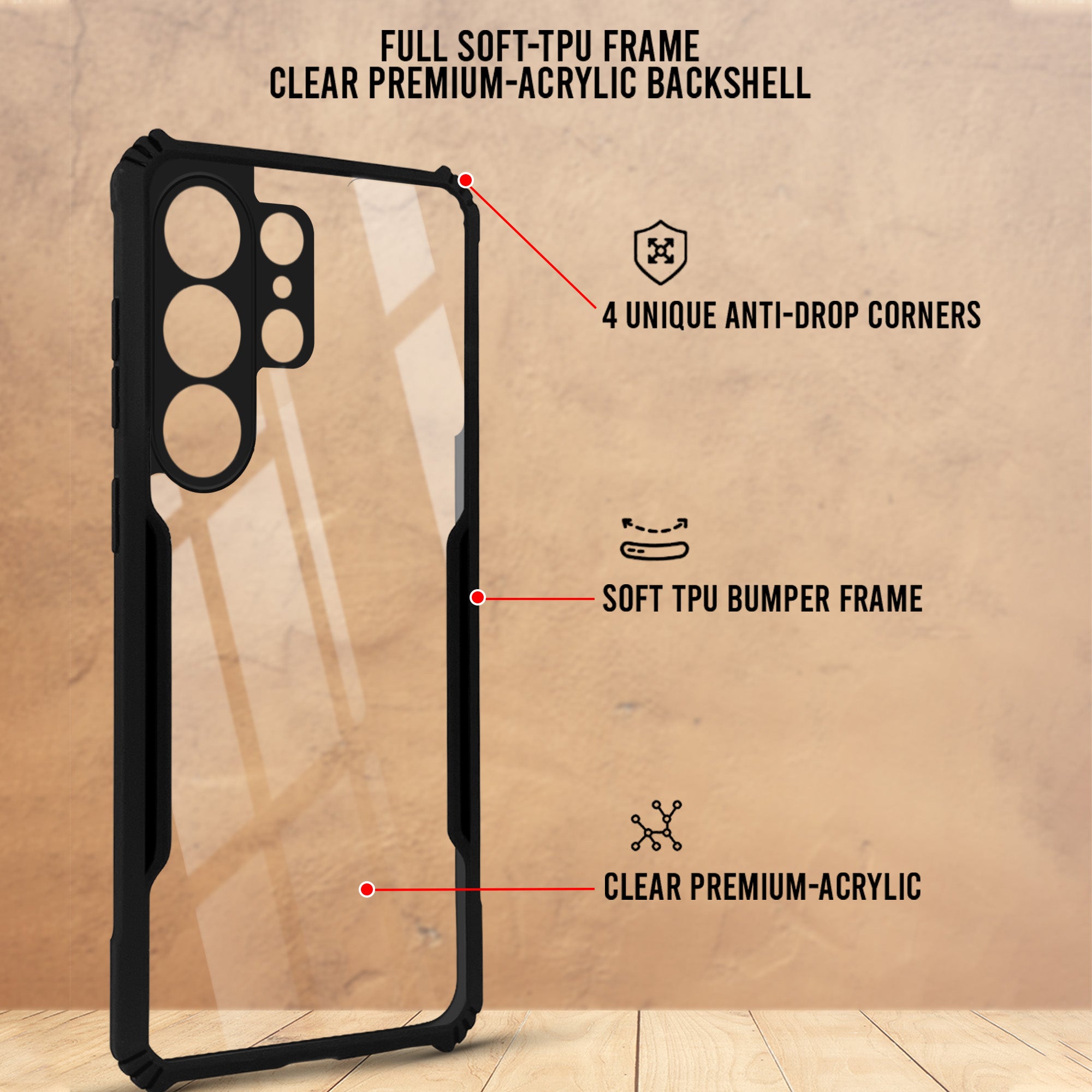 For Samsung Galaxy S26 Ultra Back Cover Case Hybrid (Shockproof with Polycarbonate Clear Panel | Professional Black)