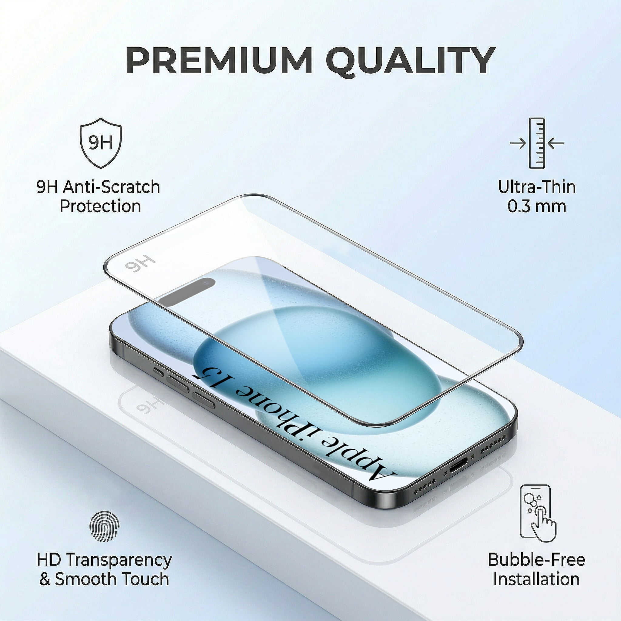 For Apple iPhone 15 Combo with Back Cover and 9H Tempered Glass (Lifetime Anti-Yellow | Sleek Hard Crystal | Oleophobic Coating Screen Glass)