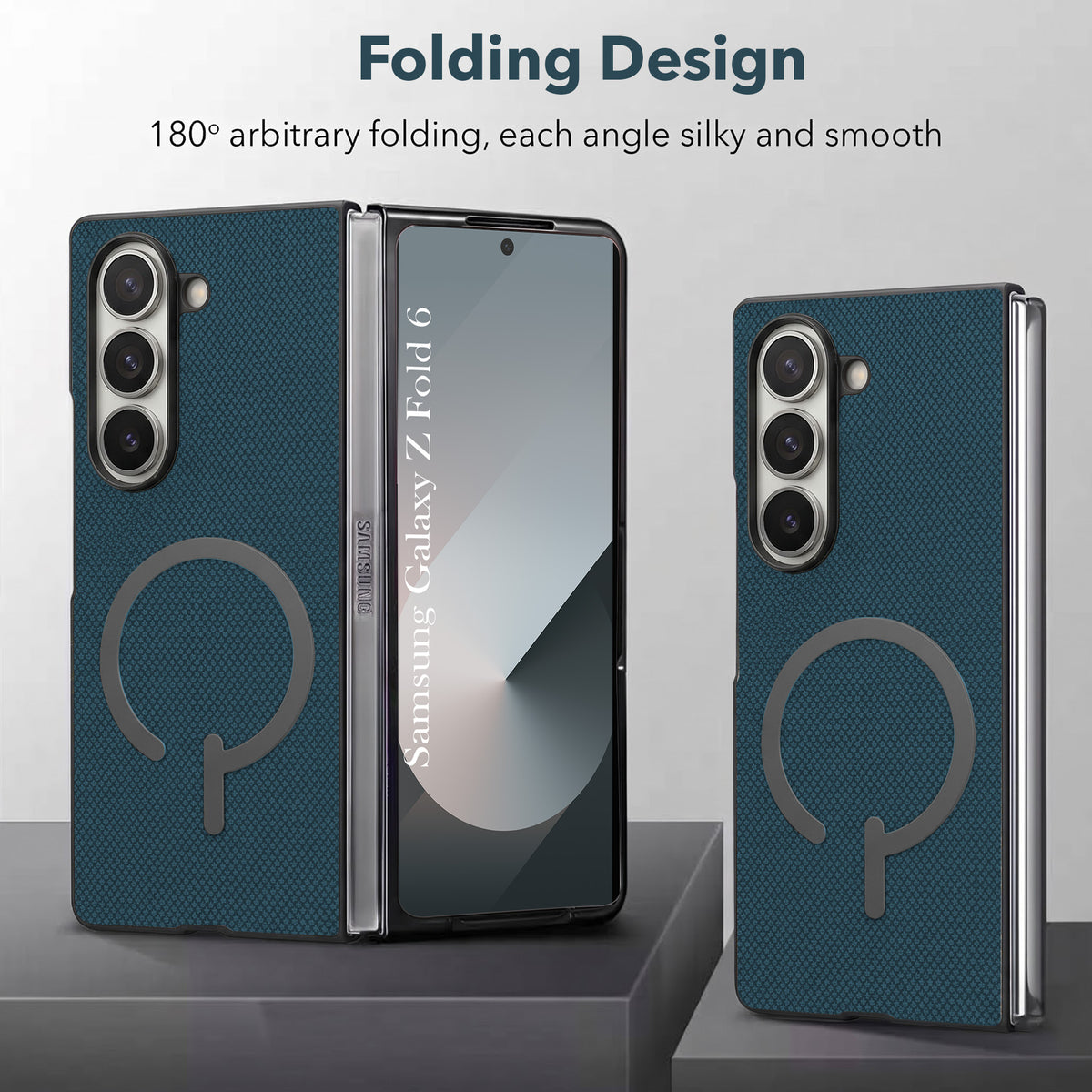For Samsung Galaxy Z Fold 6 5G Premium Magnetic Back Cover Case (MagSafe Compatible | 180° Folding Design | Soft Microfiber Inner Lining | Textured Blue Finish)