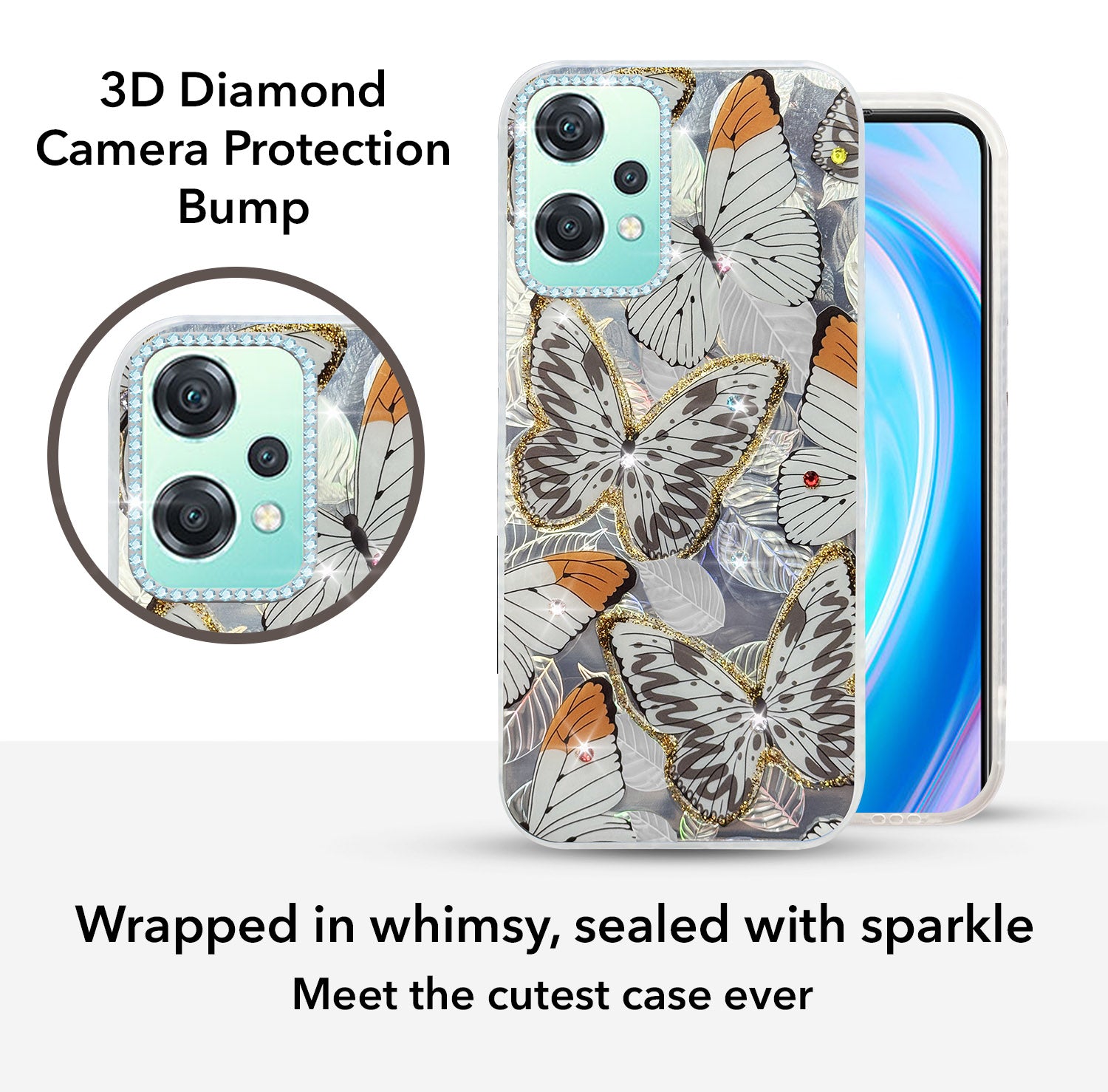 For OnePlus Nord CE 2 Lite Back Cover Case (Luxury Floral Glitter Cute Butterfly | Diamond Studded Camera Bump | Girls & Women Design)