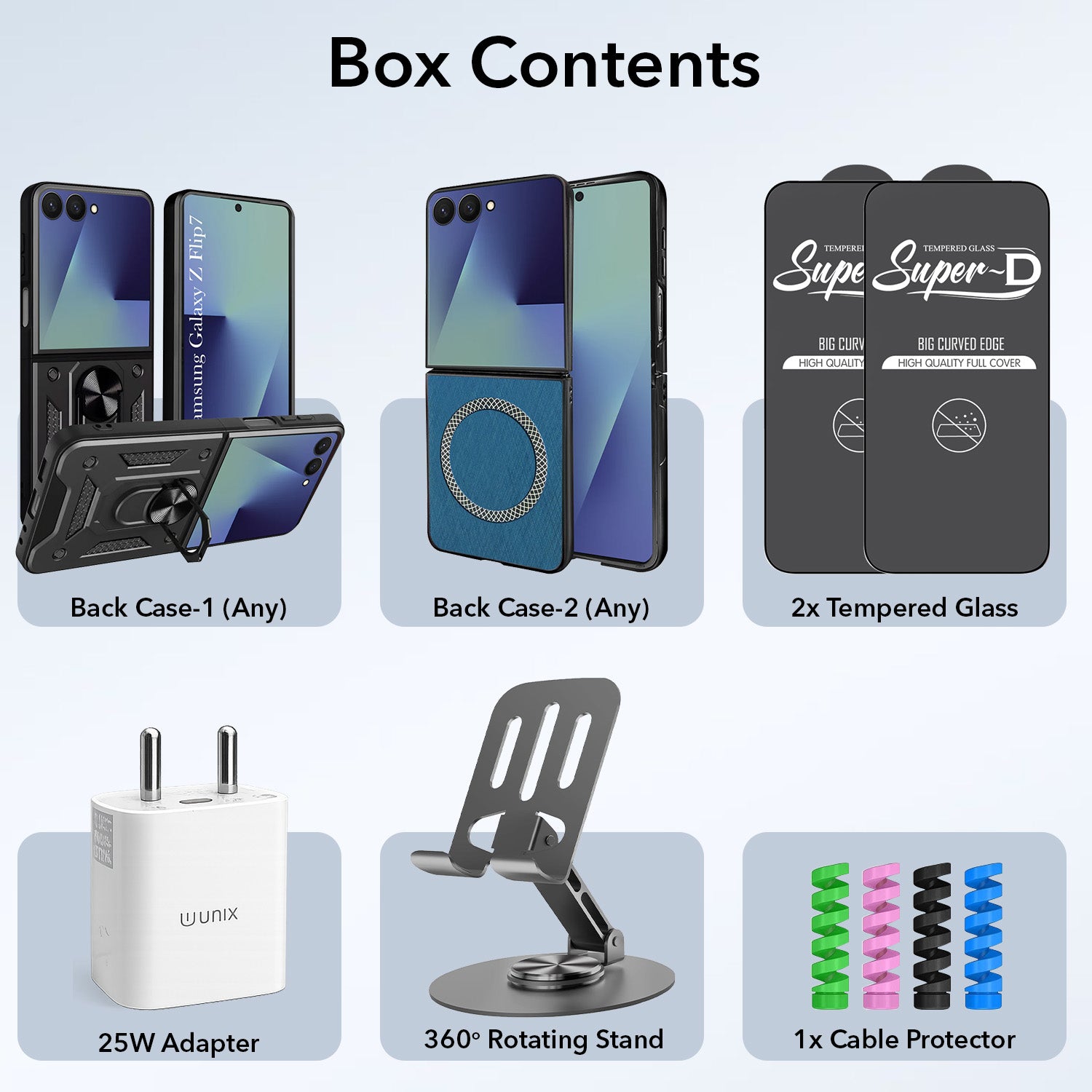 Complete Mobile Care Kit (Get Any 2 Cases+2 Tempered Glass+25W Charger Adapter+Metallic Mobile Stand+Cable Protector)