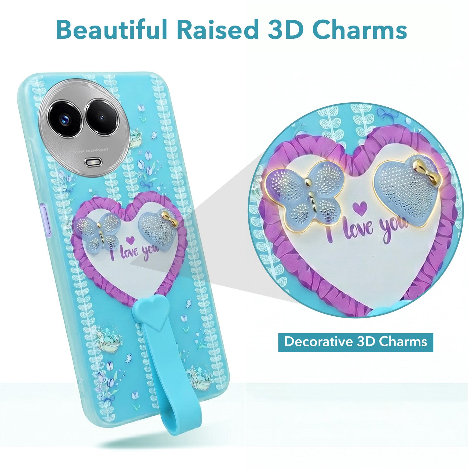 For Realme Narzo 60x Back Cover Case (3D Cute Heart Strap Holder | Camera Protection | Designer Girls Print)