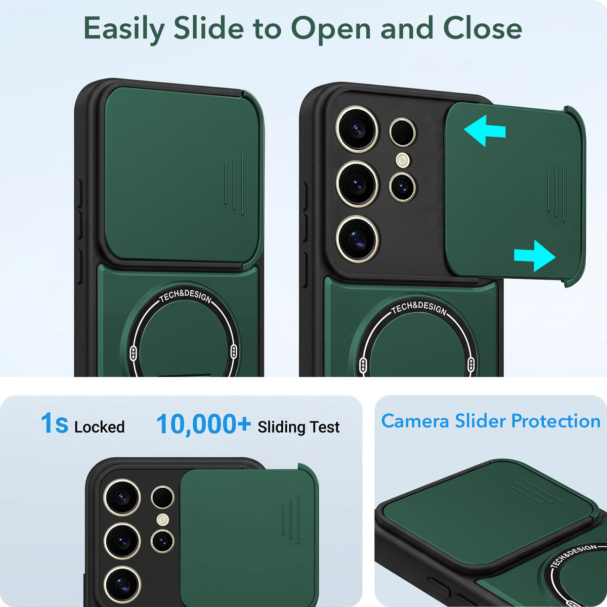 For Samsung Galaxy S24 Ultra Back Case Cover Metallic (Hybrid Armor Kickstand | Sliding Shutter Camera Protection | MagSafe Compatible)