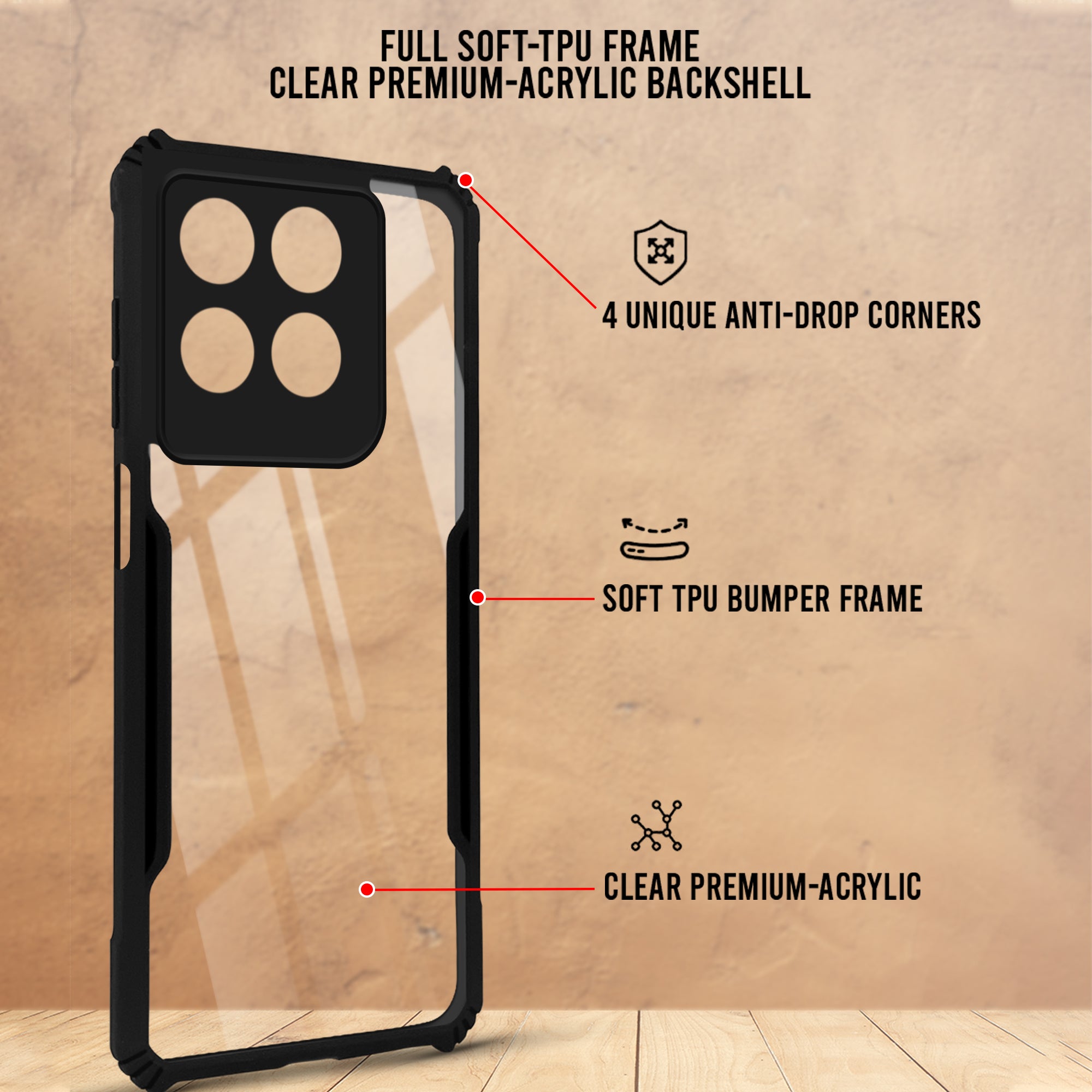 For Motorola Moto G37 Power Back Cover Case Hybrid (Shockproof with Polycarbonate Clear Panel | Professional Black)