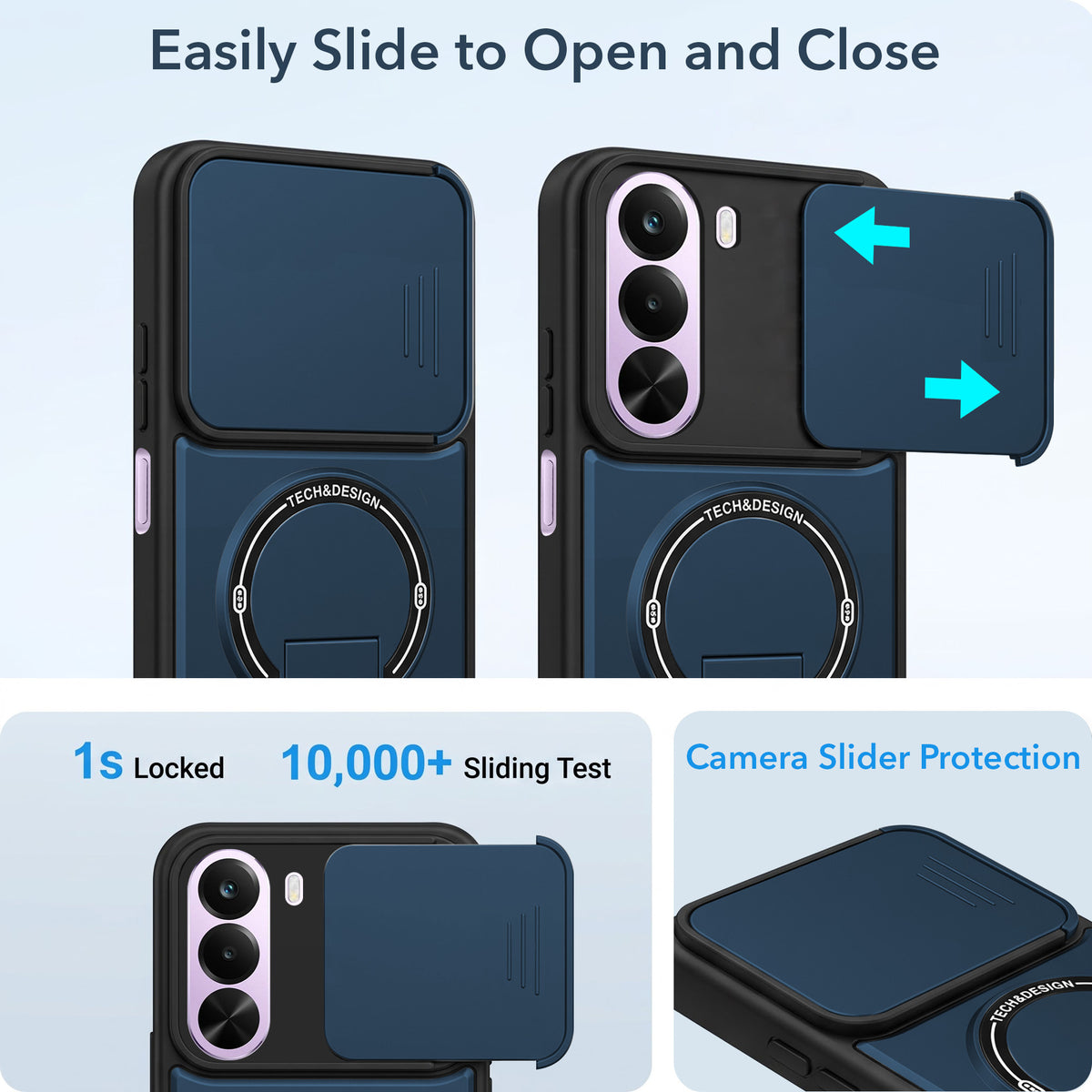For Realme P4x Back Case Cover Metallic (Hybrid Armor Kickstand | Sliding Shutter Camera Protection | MagSafe Compatible)